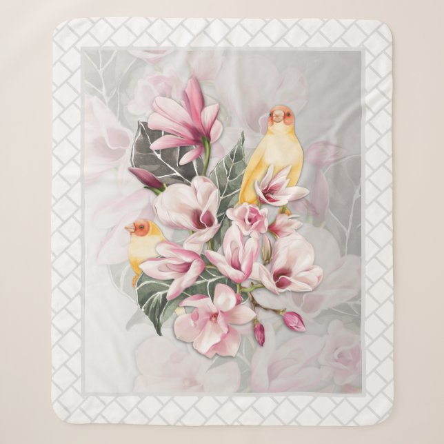 Vögel und rosa Magnolienblüten Sherpadecke (Vorderseite)