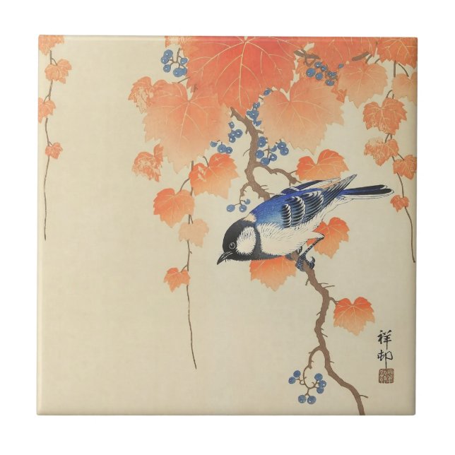 Vogel und rote Efeu von Ohara Koson Fliese (Vorderseite)