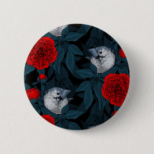 Vögel und rote Pfingstrosen mit blauen Blättern Button