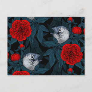 Vögel und rote Pfingstrosen mit blauen Blättern Postkarte