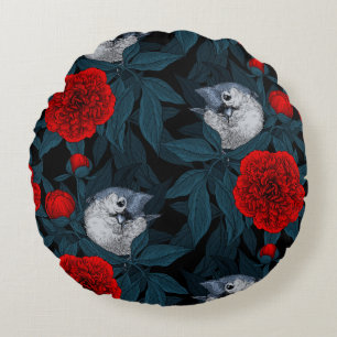 Vögel und rote Pfingstrosenblüten mit blauen Blätt Rundes Kissen