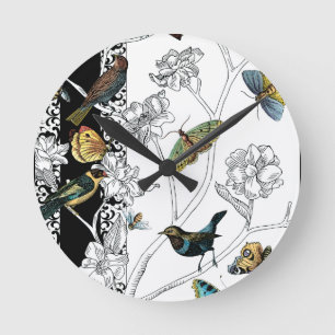 Vögel und Schmetterling auf einem schwarzen u. Runde Wanduhr