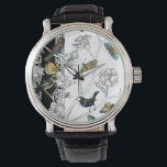 Vögel und Schmetterlinge im schwarz-weißen Hinterg Armbanduhr<br><div class="desc">Die Künstlerin Chariklia Zarris ist ein talentierter Maler und Designer. Sie malt gerne Vögel und wilde Tiere,  und dieses Bild ist keine Ausnahme. Die lebhaften Farben von Vögeln und Schmetterlingen werden durch die schwarz-weißen Zweige im Hintergrund hervorgehoben.</div>