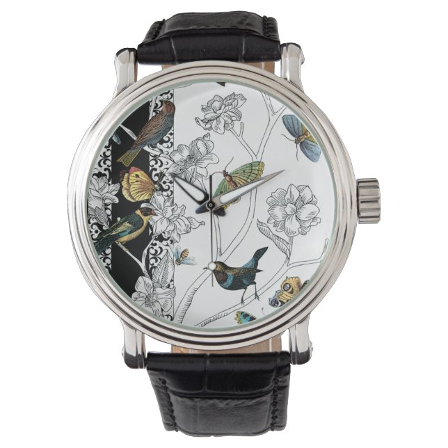 Vögel und Schmetterlinge im schwarz-weißen Hinterg Armbanduhr (Vorderseite)