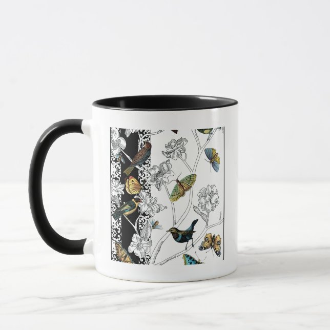 Vögel und Schmetterlinge im schwarz-weißen Hinterg Tasse (Links)