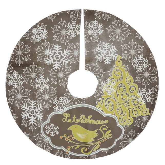 Vögel und Schneeflocken auf dem braunen Holiday Tr Polyester Weihnachtsbaumdecke (Vorderseite)
