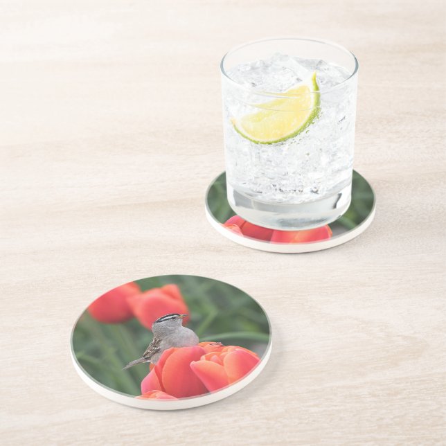 Vögel und Tulips Floral Sandstone Untersetzer (Seite)