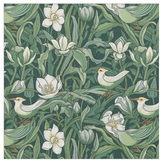 Vögel und Tulips Grüne Jugendstil Stoff
