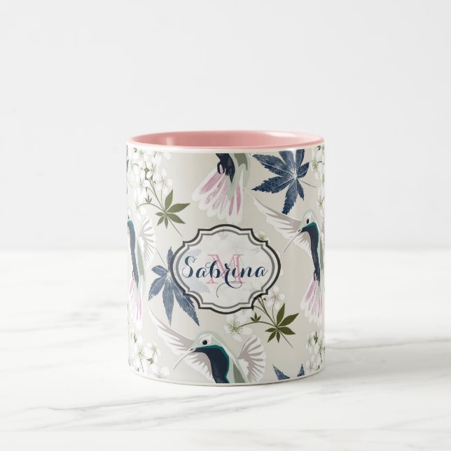 Vögel und weiße Blume. Zweifarbige Tasse (Mittel)