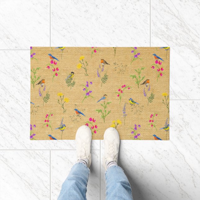 Vögel und wild lebende Blume Farbenfrohe Natur Fußmatte (Indoor)