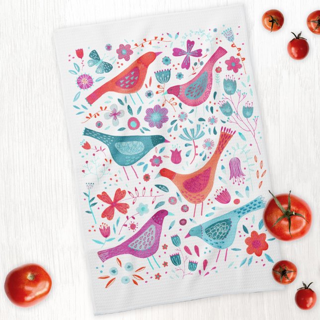 Vogel und Wildblume Geschirrtuch (Watercolor birds and wild flower painting on a kitchent tea towel)