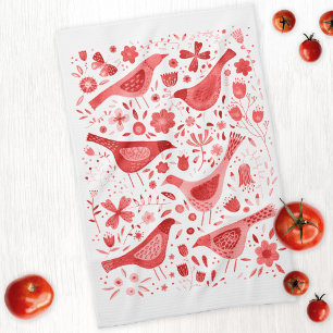 Vogel und Wildblume Wasserfarbe Rot Geschirrtuch