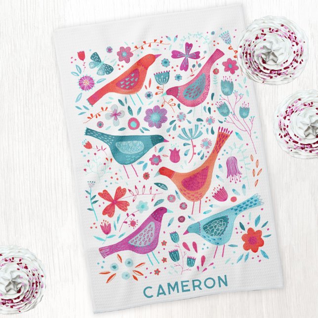 Vögel und Wildblumen Wasserfarbe Personalisiert Geschirrtuch (Personalized custom name watercolor bird and wild flower art kitchen tea towel in teal, pink red)