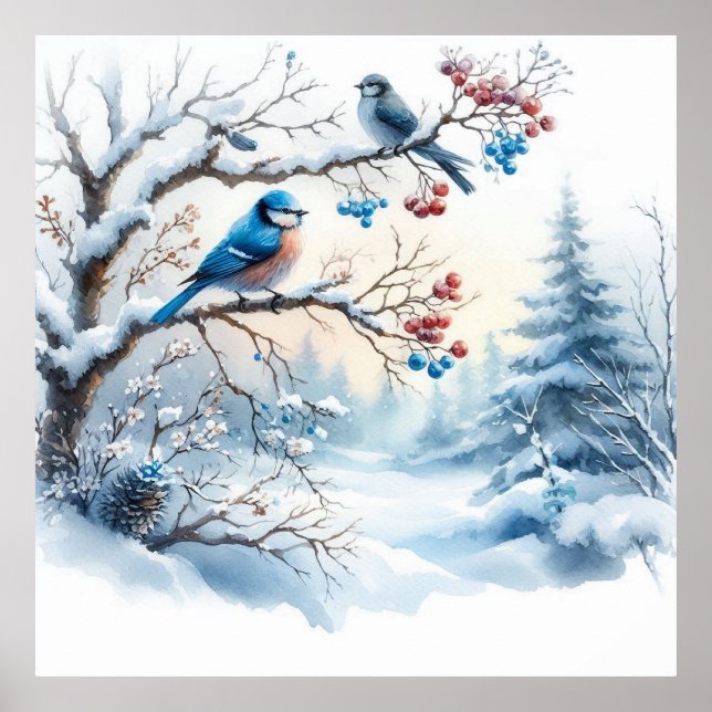 Vögel und Winterlandschaft 34 Poster (Vorne)