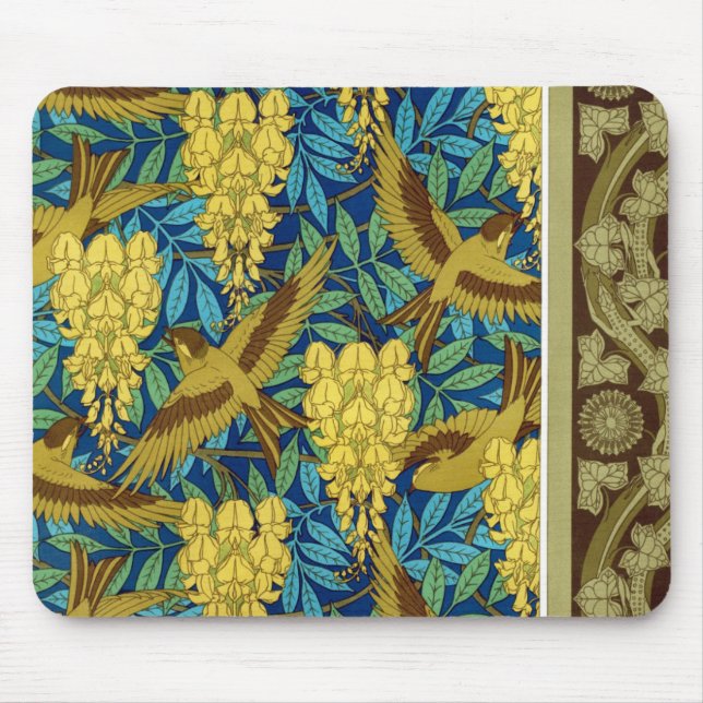 Vögel und Wisteria Verneuil blau-braun gelb Mousepad (Vorne)