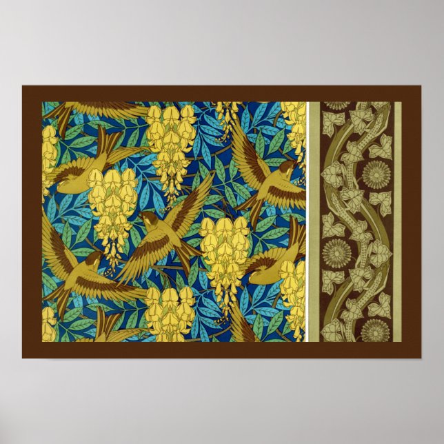 Vögel und Wisteria Verneuil blau-braun gelb Poster (Vorne)
