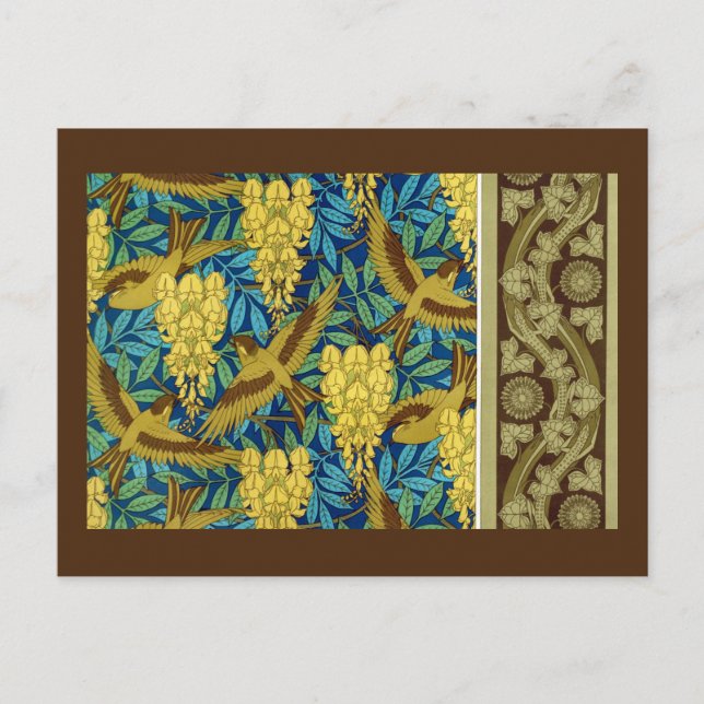 Vögel und Wisteria Verneuil blau-braun gelb Postkarte (Vorderseite)