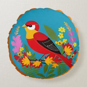 🌿 Vogel unter Blumen Naturdekoration 🐦 Rundes Kissen