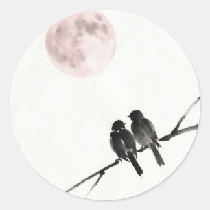 Vögel unter errötendem Mond Runder Aufkleber