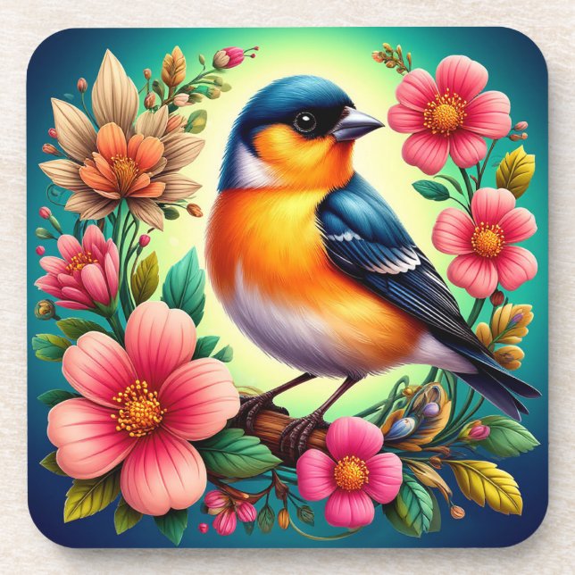 Vogel unter farbenfrohen Blume Getränkeuntersetzer (Vorderseite)