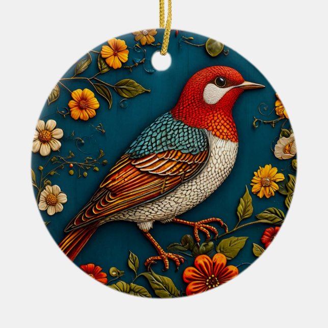 Vogel unter farbenfrohen Blume Keramik Ornament (Vorne)
