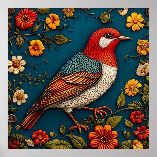 Vogel unter farbenfrohen Blume Poster (Vorne)
