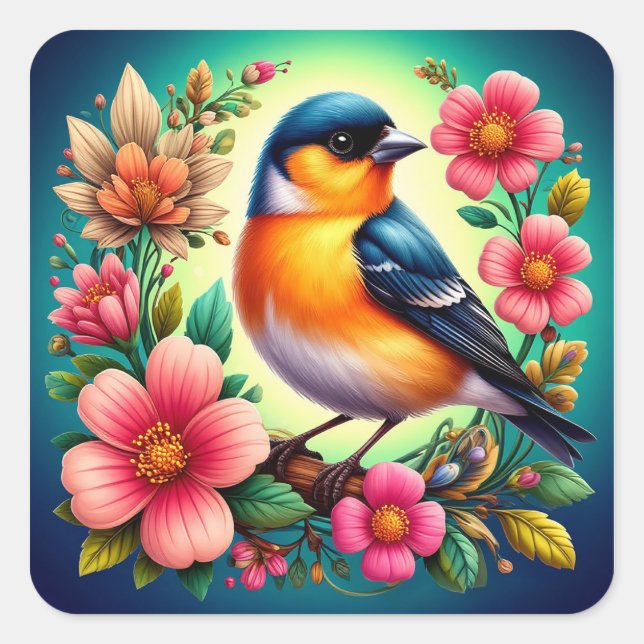 Vogel unter farbenfrohen Blume Quadratischer Aufkleber (Vorderseite)