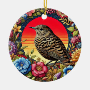 Vogel unter farbenfrohen Blumen Keramik Ornament