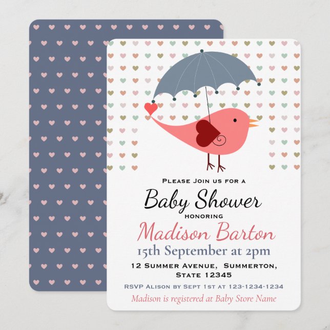 Vögel unter Regenschirm Rain Hearts Babydusche Einladung (Vorne/Hinten)