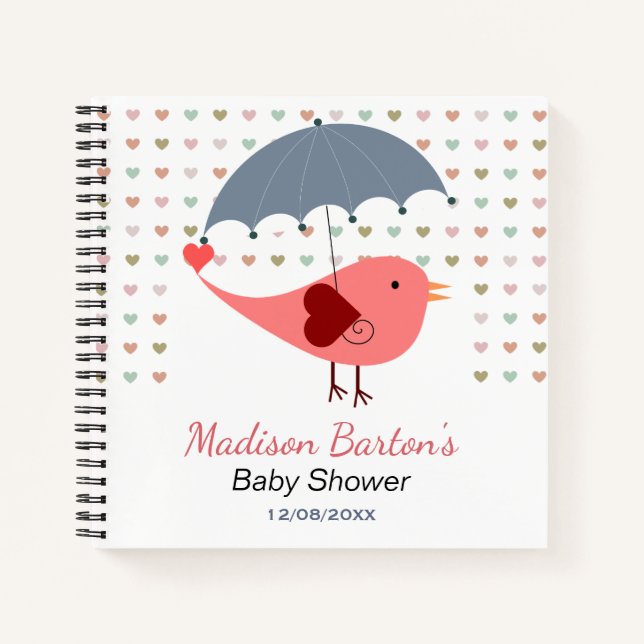 Vögel unter Regenschirm Rain Hearts Babydusche Notizbuch (Vorderseite)