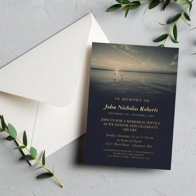 Vögel von Ocean Sunrise Memorial Service Gold Folieneinladung (Von Creator hochgeladen)