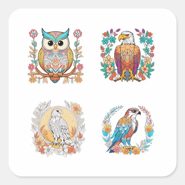 Vögel von Prey Cartoon Blumenmuster Art 4 Pack St Quadratischer Aufkleber (Vorderseite)