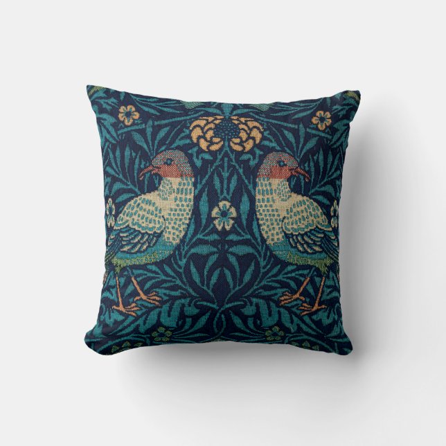 Vögel William Morris. Vintages Blaues Tier Kissen (Vorderseite)