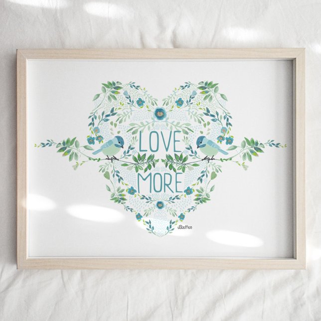 Vögel Zitat Kunst Druck Poster (Birds Quote Art Print in blues and greens. Chickadees, heart, and flowers. Studio Posies.)