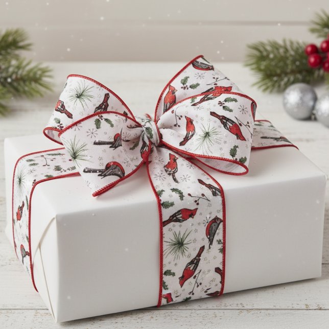 Vogelarten in Rot und Weißem Rotem Kardinal und Ho Ripsband (Modern Red Cardinal Bird Xmas Ribbon. Rustic Cardinal Bird, Holly Berries, Snowflakes Nature Pattern)