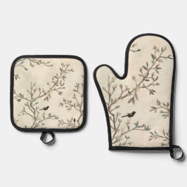 Vogelast Wasserfarbe Beige Naturmalerei Ofenhandschuh & Topflappen-Set