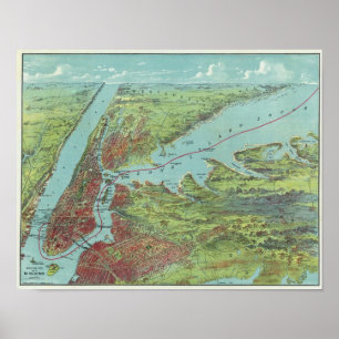 Vogelaugenansicht Karte von New York und Umgebung Poster