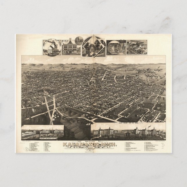 Vogelaugenblick von Kalamazoo, Michigan (1883) Postkarte (Vorderseite)
