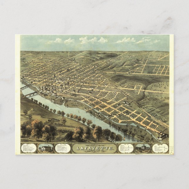 Vogelaugenblick von Lafayette, Indiana (1868) Postkarte (Vorderseite)