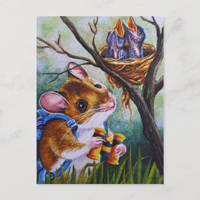 Vogelbeobachtung Field Mouse Findest Wasserfarben  Postkarte (Vorderseite)