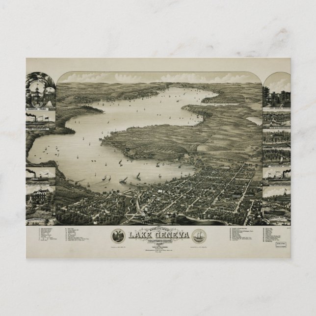 Vogelblick auf den Genfersee, Wisconsin (1882) Postkarte (Vorderseite)