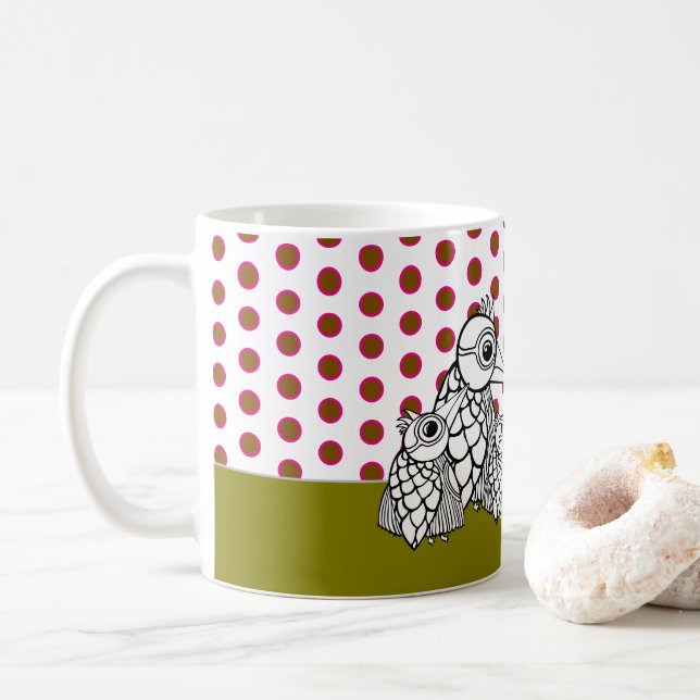 Vogelfamilie & Polka Dots Kaffeetasse (Mit Donut)