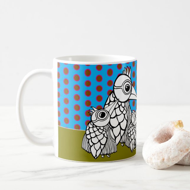 Vogelfamilie & Polka Dots Kaffeetasse (Mit Donut)