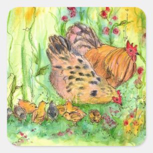 Vogelfarm der Familie Hühner Quadratischer Aufkleber