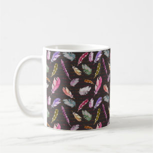 Vogelfedern und handgeschriebene Notiz. Aquarellme Kaffeetasse