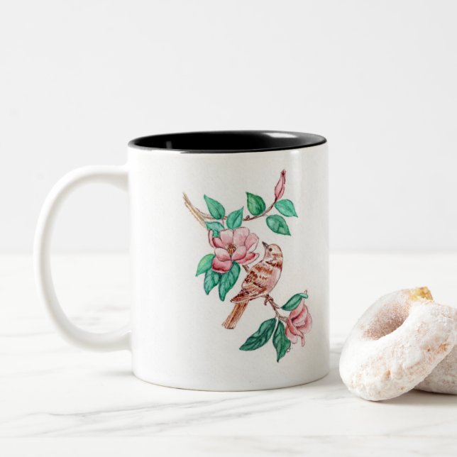 Vogelflora auf einer Kaffeetasse (Mit Donut)