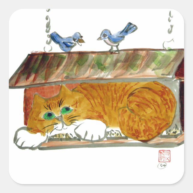 Vogelfutter und Orange Tiger Cat Quadratischer Aufkleber (Vorderseite)