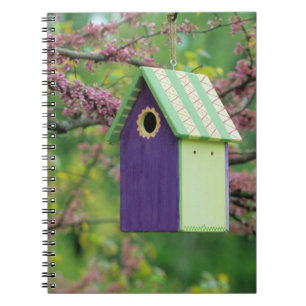 Vogelhaus auf einem Redbud-Baum Notizblock