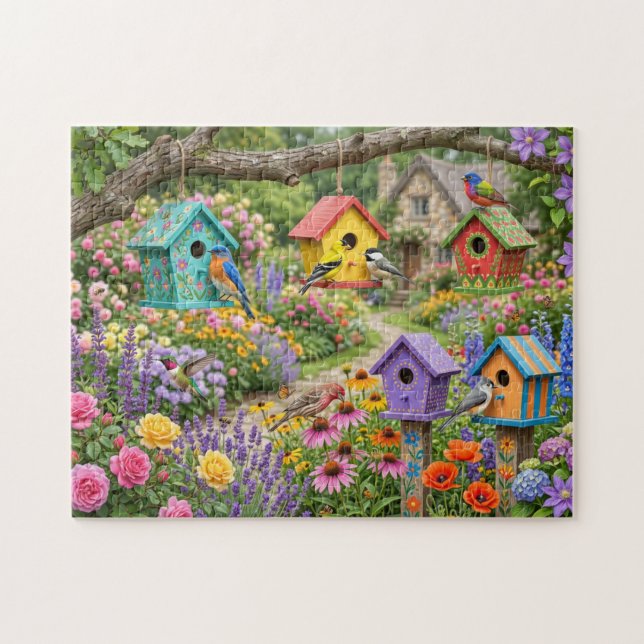 Vogelhäuser, farbenfrohe Vögel und blühende Blumen (Horizontal)