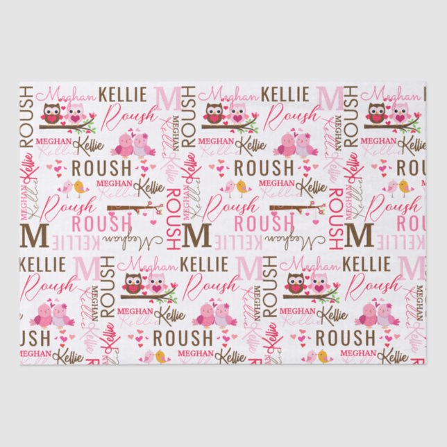 Vogelhüllen mit Namen und Monogramm-Collage lieben Seidenpapier (Vorderseite)